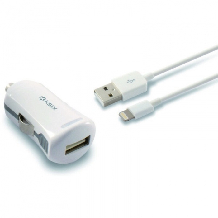 Cargador USB para Coche + Cable Lightning MFi KSIX 2.4 A Blanco
