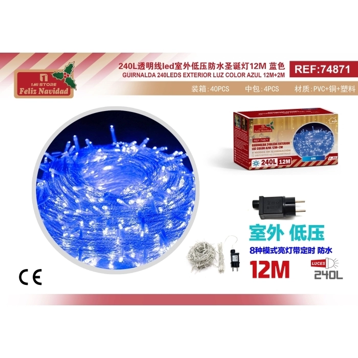 GUIRNALDA 240LEDS EXTERIOR LUZ COLOR AZUL 12M+2M