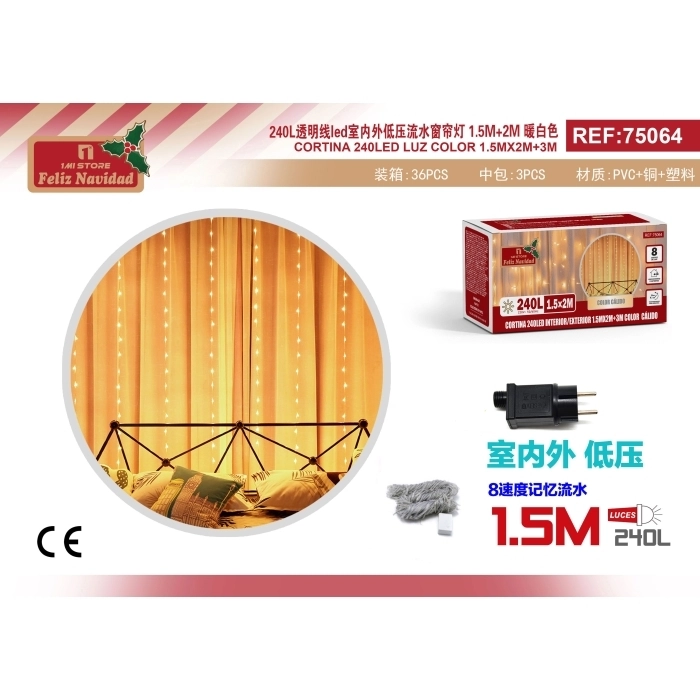 CORTINA 240LED INTERIOR/EXTERIOR 1.5MX2M+3M COLOR CÁLIDO CORTINA 240LED INTERIOR/EXTERIOR 1.5MX2M+3M COLOR CÁLIDO