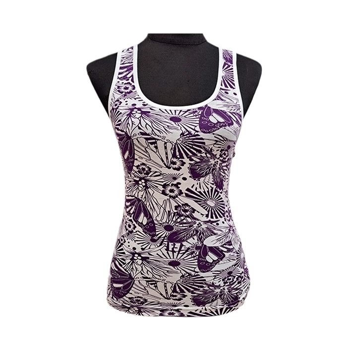 Camiseta Tirante Ancho Estampada Morada con Cuello Blanco