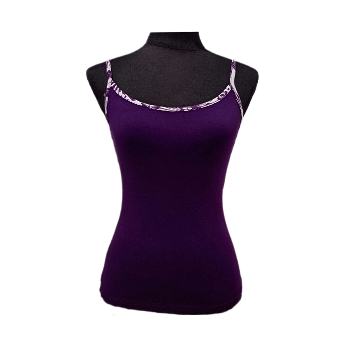 Camiseta Tirante Fino Morada con Cuello Estampado Morado