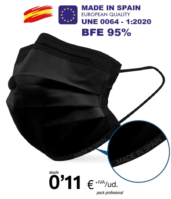 Mascarillas Higienicas tres Capas Negra BFE 95% Alta Calidad Mascarillas Higienicas tres Capas Negra BFE 95% Alta Calidad