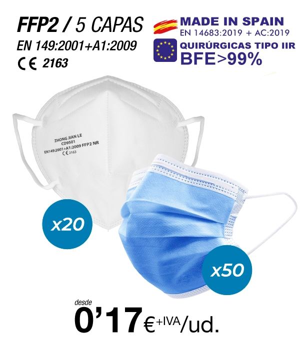 FFP2 de 5 Capas con certificación europea + Mascarillas Quirúrgicas IIR FFP2 de 5 Capas con certificación europea + Mascarillas Quirúrgicas IIR