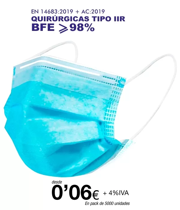 Mascarillas Quirúrgicas tipo IIR de 3 Capas certificación sanitaria, 4% de IVA Mascarillas Quirúrgicas tipo IIR de 3 Capas certificación sanitaria, 4% de IVA
