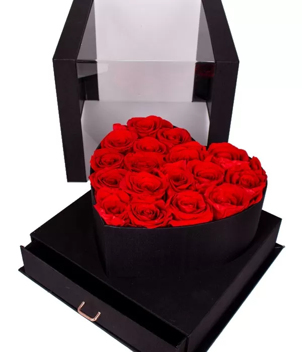 16 Rosas Rojas naturales preservadas en caja con forma corazón más joyero 16 Rosas Rojas naturales preservadas en caja con forma corazón más joyero