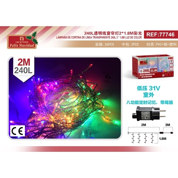 CORTINA TRANSPARENTE 240L 2 * 1.8M LUZ MULTICOLOR CORTINA TRANSPARENTE 240L 2 * 1.8M LUZ MULTICOLOR