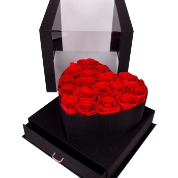 16 Rosas Rojas naturales preservadas en caja con forma corazón más joyero